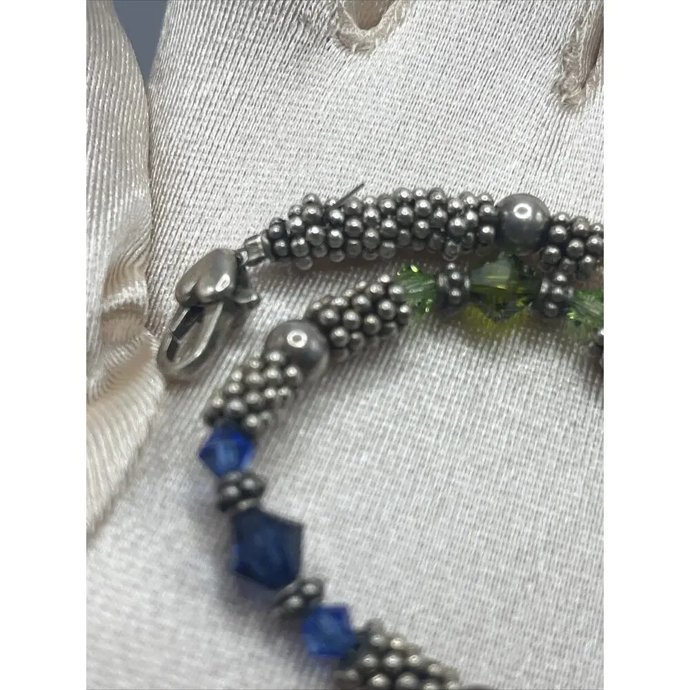 Vintage Sterling Silver 925 Tennis Beaded Bracelet Orange Pink Blue Green Grey